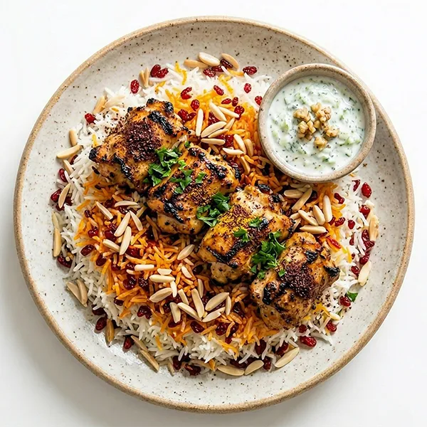 Persian grilled Chicken with Barberry Rice and Almonds